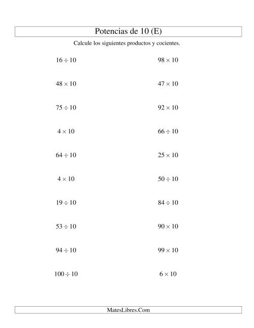 La hoja de ejercicios de Multiplicar y Dividir Enteros por Potencias Positivas de 10 (Estándar) (E)