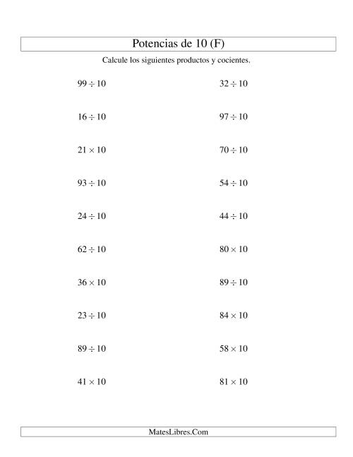 La hoja de ejercicios de Multiplicar y Dividir Enteros por Potencias Positivas de 10 (Estándar) (F)