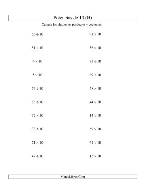 La hoja de ejercicios de Multiplicar y Dividir Enteros por Potencias Positivas de 10 (Estándar) (H)