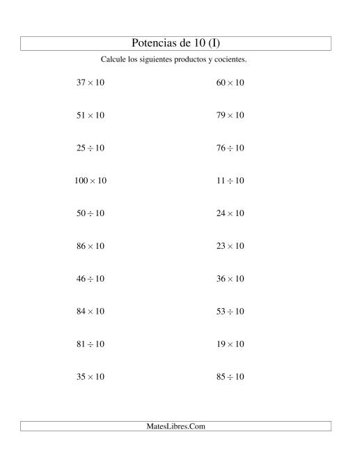 La hoja de ejercicios de Multiplicar y Dividir Enteros por Potencias Positivas de 10 (Estándar) (I)