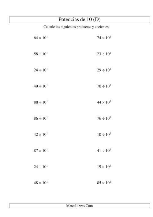 La hoja de ejercicios de Multiplicar y Dividir Enteros por Potencias Positivas de 10 (Exponencial) (D)