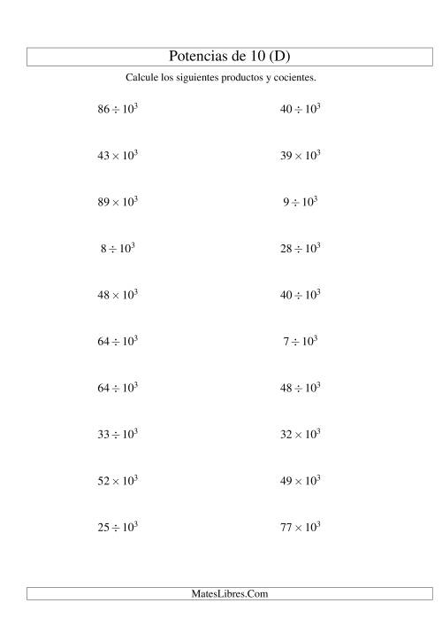 La hoja de ejercicios de Multiplicar y Dividir Enteros por Potencias Positivas de 10 (Exponencial) (D)