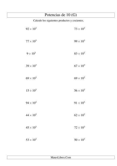 La hoja de ejercicios de Multiplicar y Dividir Enteros por Potencias Positivas de 10 (Exponencial) (G)