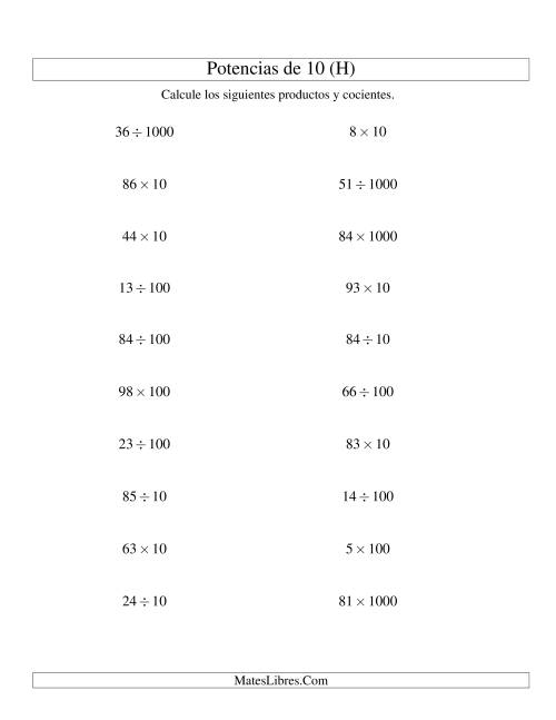 La hoja de ejercicios de Multiplicar y Dividir Enteros por Potencias Positivas de 10 (Estándar) (H)