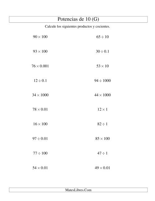 La hoja de ejercicios de Multiplicar y Dividir Enteros por Potencias Positivas y Negativas de 10 (Estándar) (G)