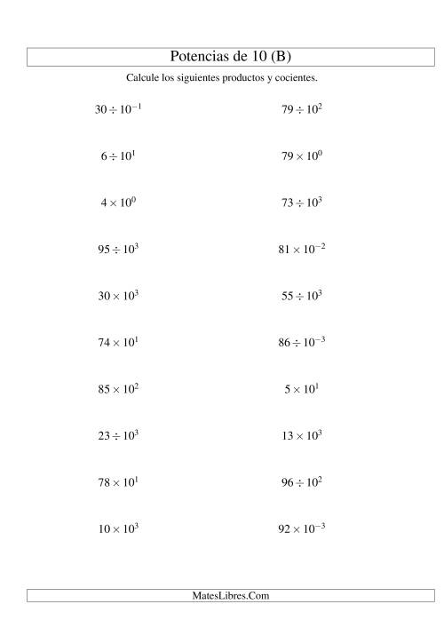 La hoja de ejercicios de Multiplicar y Dividir Enteros por Potencias Positivas y Negativas de 10 (Exponencial) (B)