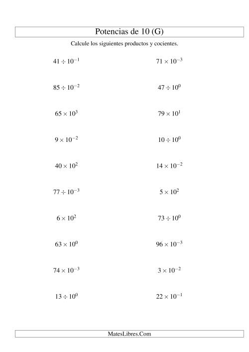 La hoja de ejercicios de Multiplicar y Dividir Enteros por Potencias Positivas y Negativas de 10 (Exponencial) (G)