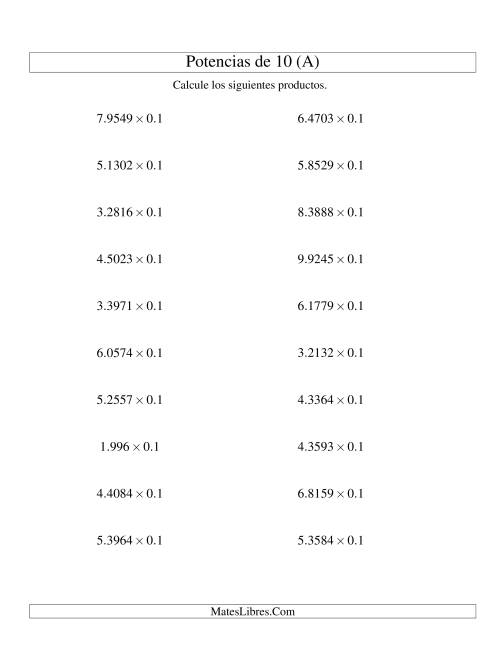 La hoja de ejercicios de Multiplicar Decimales por Potencias Negativas de 10 (Estándar) (A)