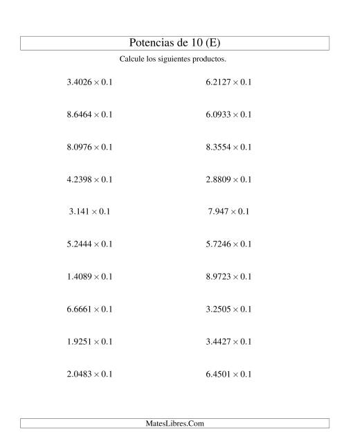 La hoja de ejercicios de Multiplicar Decimales por Potencias Negativas de 10 (Estándar) (E)