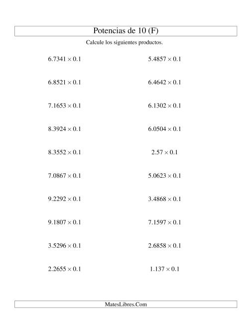 La hoja de ejercicios de Multiplicar Decimales por Potencias Negativas de 10 (Estándar) (F)