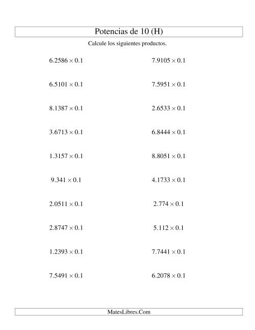 La hoja de ejercicios de Multiplicar Decimales por Potencias Negativas de 10 (Estándar) (H)