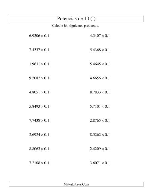 La hoja de ejercicios de Multiplicar Decimales por Potencias Negativas de 10 (Estándar) (I)