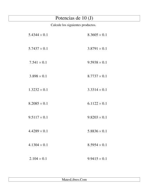 La hoja de ejercicios de Multiplicar Decimales por Potencias Negativas de 10 (Estándar) (J)