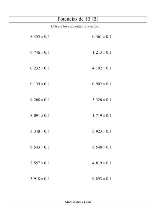 La hoja de ejercicios de Multiplicar Decimales por Potencias Negativas de 10 (Estándar) (B)