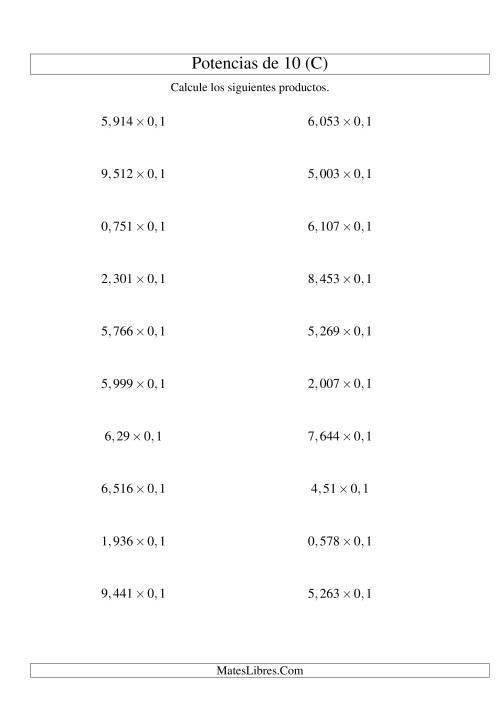 La hoja de ejercicios de Multiplicar Decimales por Potencias Negativas de 10 (Estándar) (C)
