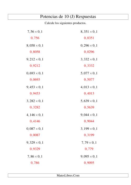 La hoja de ejercicios de Multiplicar Decimales por Potencias Negativas de 10 (Estándar) (J) Página 2