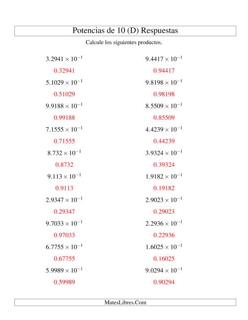 La hoja de ejercicios de Multiplicar Decimales por Potencias Negativas de 10 (Exponencial) (D) Página 2