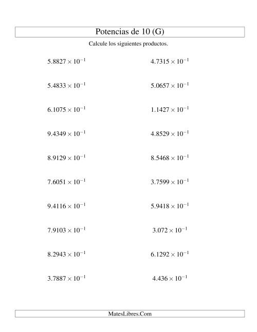 La hoja de ejercicios de Multiplicar Decimales por Potencias Negativas de 10 (Exponencial) (G)