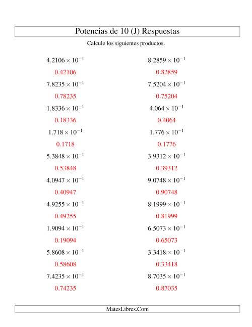 La hoja de ejercicios de Multiplicar Decimales por Potencias Negativas de 10 (Exponencial) (J) Página 2