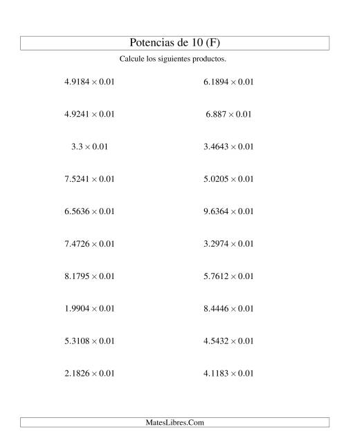 La hoja de ejercicios de Multiplicar Decimales por Potencias Negativas de 10 (Estándar) (F)