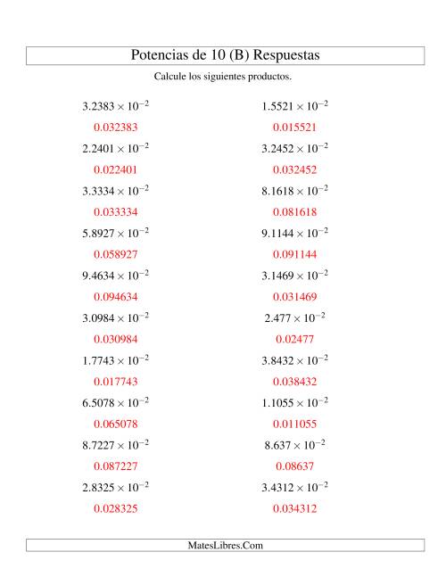 La hoja de ejercicios de Multiplicar Decimales por Potencias Negativas de 10 (Exponencial) (B) Página 2
