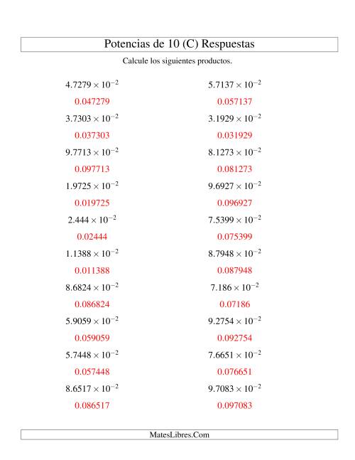 La hoja de ejercicios de Multiplicar Decimales por Potencias Negativas de 10 (Exponencial) (C) Página 2