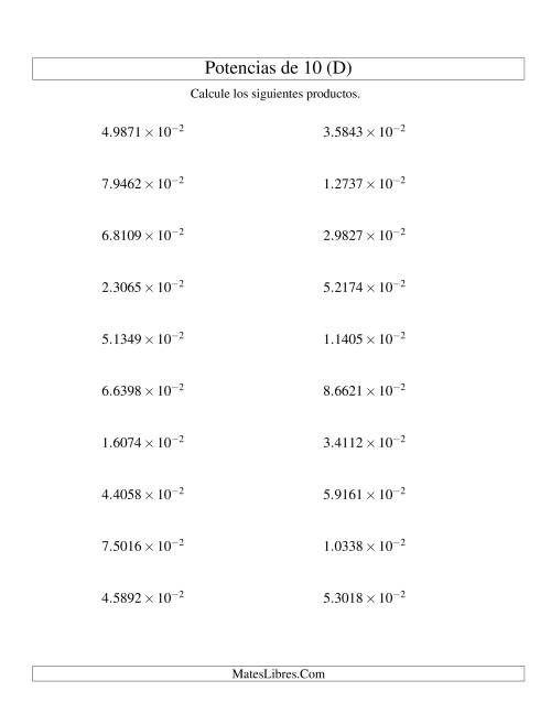 La hoja de ejercicios de Multiplicar Decimales por Potencias Negativas de 10 (Exponencial) (D)