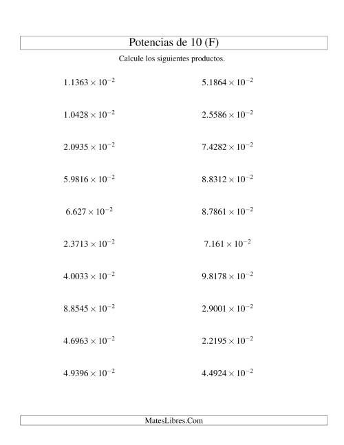 La hoja de ejercicios de Multiplicar Decimales por Potencias Negativas de 10 (Exponencial) (F)