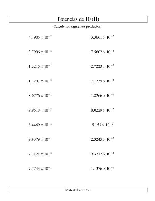 La hoja de ejercicios de Multiplicar Decimales por Potencias Negativas de 10 (Exponencial) (H)