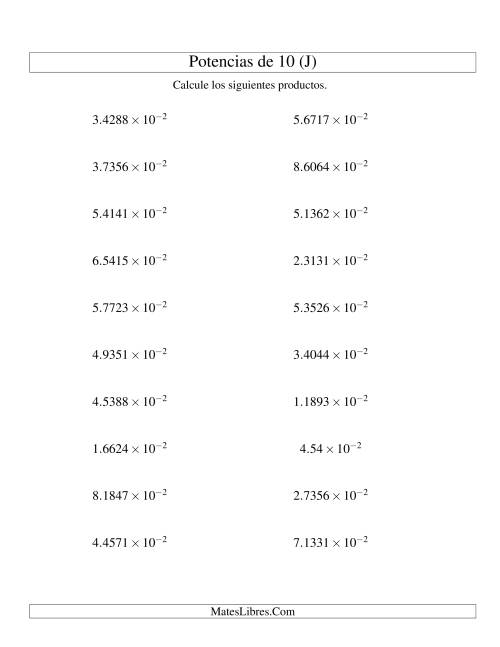 La hoja de ejercicios de Multiplicar Decimales por Potencias Negativas de 10 (Exponencial) (J)