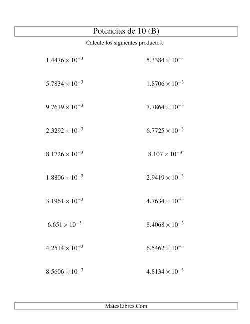 La hoja de ejercicios de Multiplicar Decimales por Potencias Negativas de 10 (Exponencial) (B)
