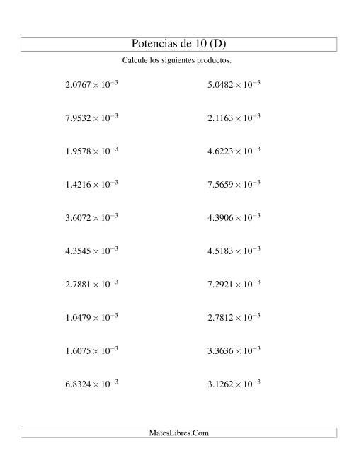 La hoja de ejercicios de Multiplicar Decimales por Potencias Negativas de 10 (Exponencial) (D)