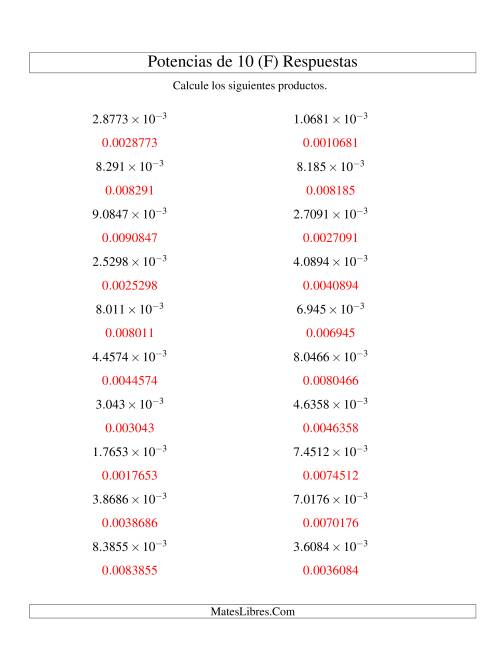 La hoja de ejercicios de Multiplicar Decimales por Potencias Negativas de 10 (Exponencial) (F) Página 2
