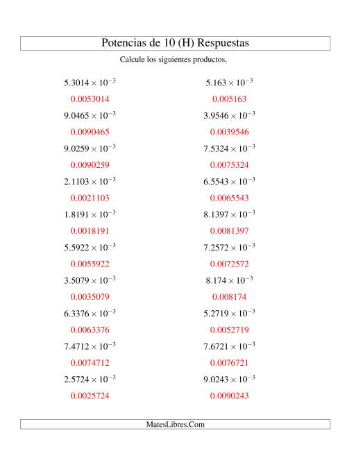 La hoja de ejercicios de Multiplicar Decimales por Potencias Negativas de 10 (Exponencial) (H) Página 2