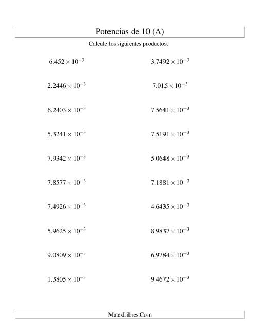 La hoja de ejercicios de Multiplicar Decimales por Potencias Negativas de 10 (Exponencial) (Todas)
