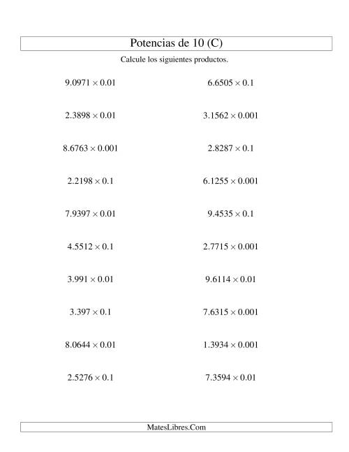 La hoja de ejercicios de Multiplicar Decimales por Potencias Negativas de 10 (Estándar) (C)
