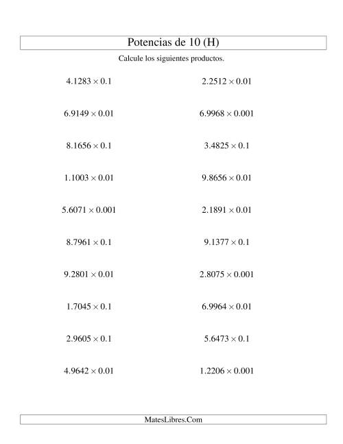 La hoja de ejercicios de Multiplicar Decimales por Potencias Negativas de 10 (Estándar) (H)