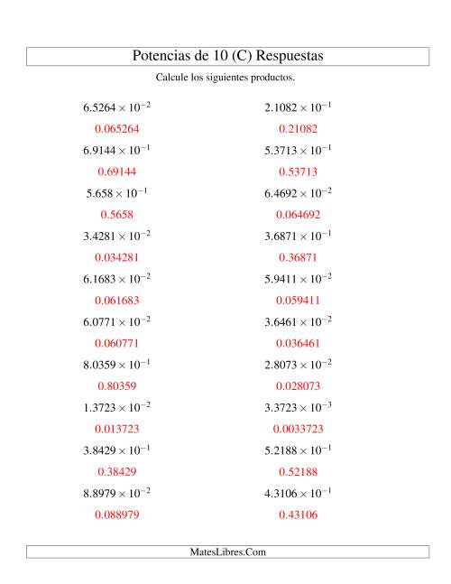 La hoja de ejercicios de Multiplicar Decimales por Potencias Negativas de 10 (Exponencial) (C) Página 2