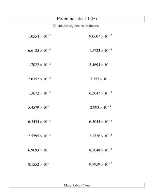La hoja de ejercicios de Multiplicar Decimales por Potencias Negativas de 10 (Exponencial) (E)
