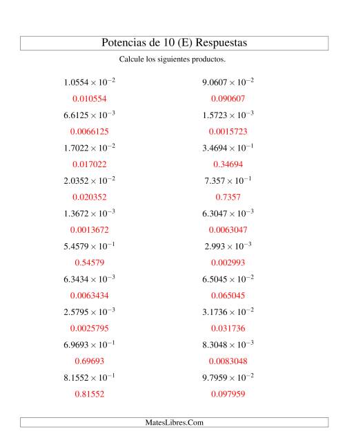 La hoja de ejercicios de Multiplicar Decimales por Potencias Negativas de 10 (Exponencial) (E) Página 2