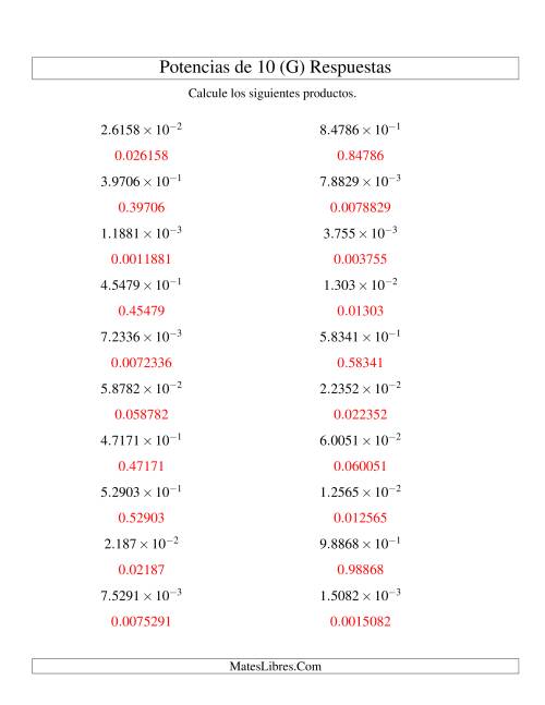 La hoja de ejercicios de Multiplicar Decimales por Potencias Negativas de 10 (Exponencial) (G) Página 2