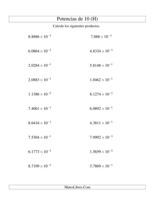 La hoja de ejercicios de Multiplicar Decimales por Potencias Negativas de 10 (Exponencial) (H)