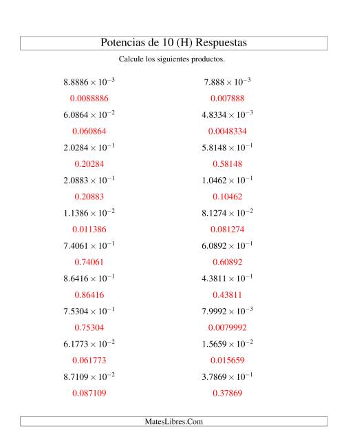 La hoja de ejercicios de Multiplicar Decimales por Potencias Negativas de 10 (Exponencial) (H) Página 2