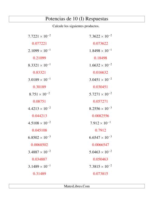 La hoja de ejercicios de Multiplicar Decimales por Potencias Negativas de 10 (Exponencial) (I) Página 2