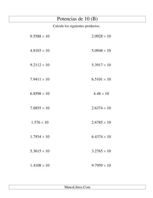 La hoja de ejercicios de Multiplicar Decimales por Potencias Positivas de 10 (Estándar) (B)