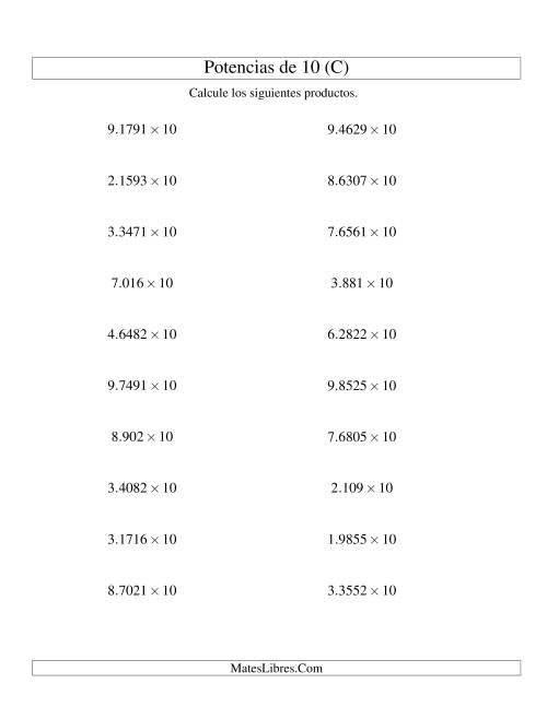 La hoja de ejercicios de Multiplicar Decimales por Potencias Positivas de 10 (Estándar) (C)