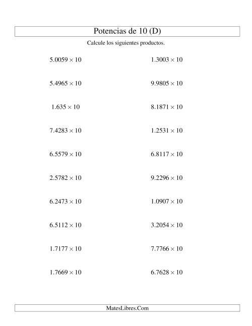 La hoja de ejercicios de Multiplicar Decimales por Potencias Positivas de 10 (Estándar) (D)