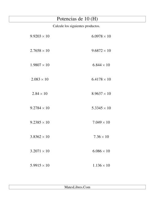 La hoja de ejercicios de Multiplicar Decimales por Potencias Positivas de 10 (Estándar) (H)
