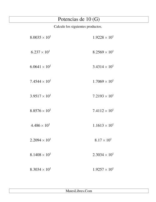 La hoja de ejercicios de Multiplicar Decimales por Potencias Positivas de 10 (Exponencial) (G)