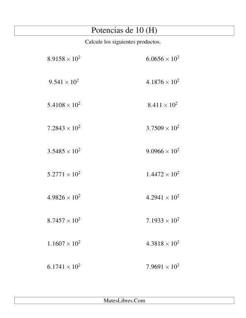 La hoja de ejercicios de Multiplicar Decimales por Potencias Positivas de 10 (Exponencial) (H)
